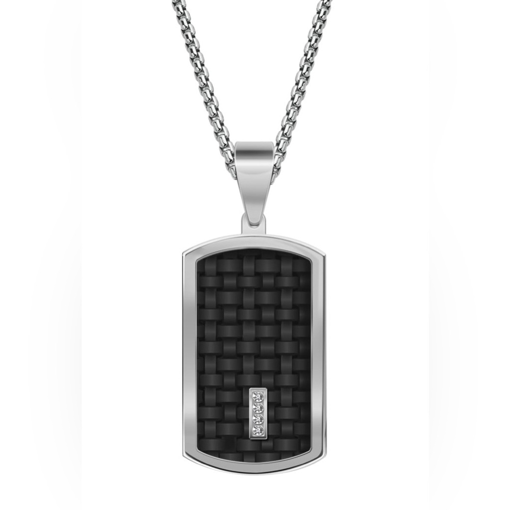 NWT Men’s 1/10ct Diamond + Stainless Steel & Carbon Fiber Dog Tag Necklace